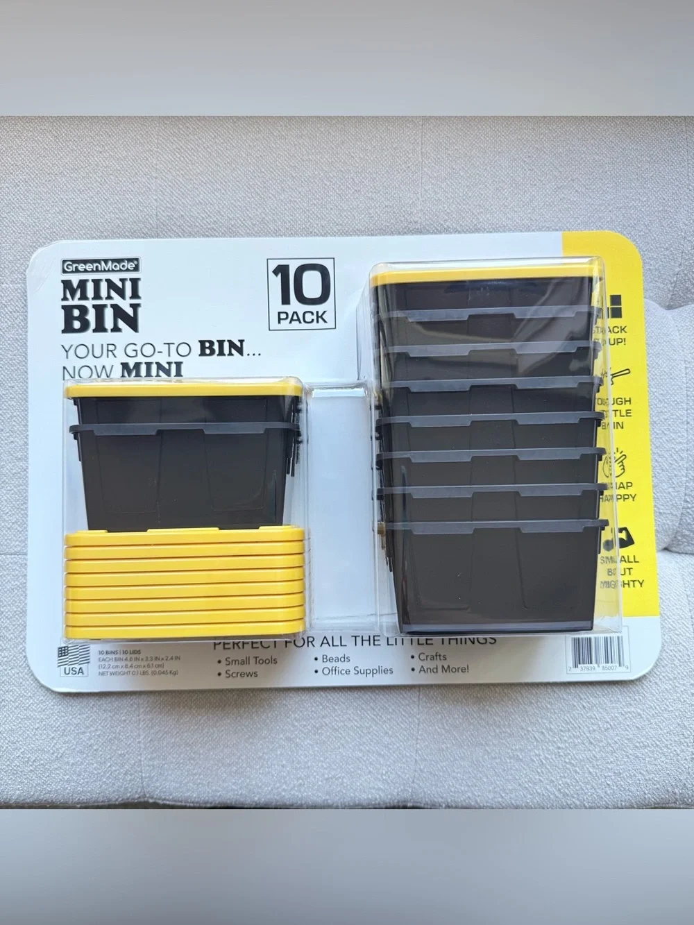 NWT GreenMade Mini Bin 10-Pack Stackable Storage Bins Black Yellow Lids